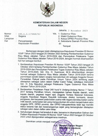 Presiden Resmi Berhentikan Syamsuar Sebagai Gubernur Riau
