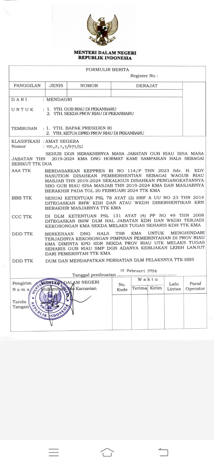 Mendagri Tunjuk SF Hariyanto Jadi Plh Gubri