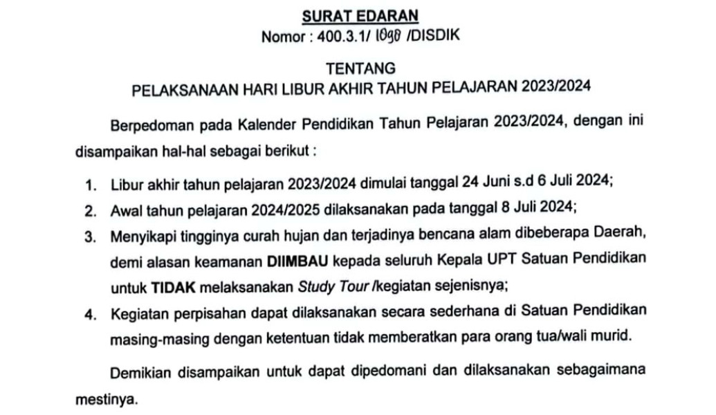 Tegas! Terbitkan SE, Disdik Bengkalis Larang Sekolah Lakukan Study Tour