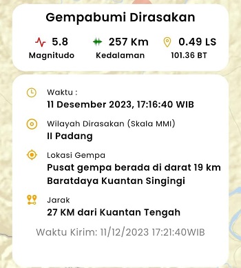 Tak Berpotensi Tsunami, Gempa Bumi 5,8 Mag Guncang Kuansing