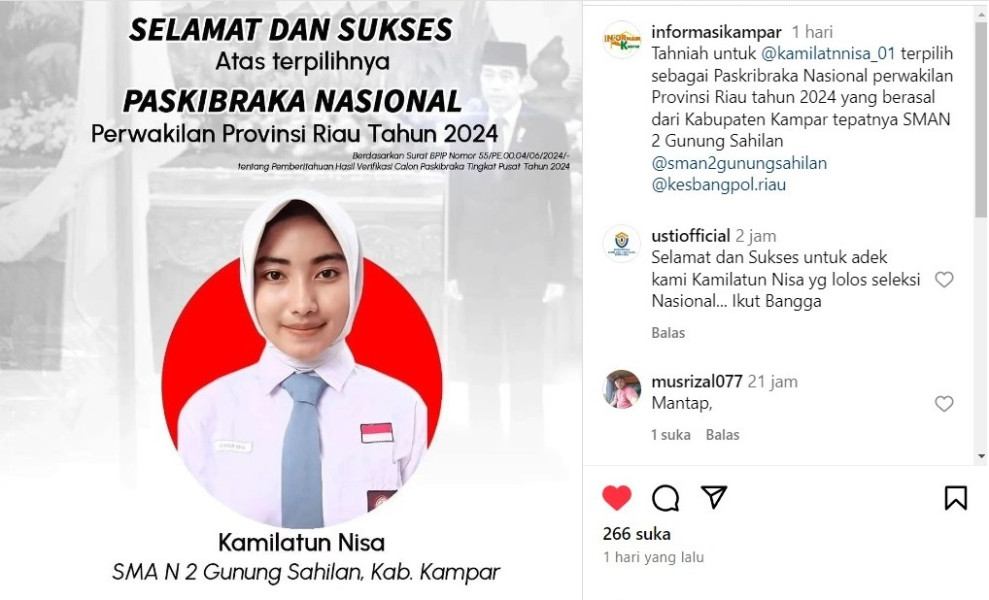 Kamilatun Nisa Siswa SMAN II Gunung Sahilan Kampar Terpilih Sebagai Paskibraka Nasional