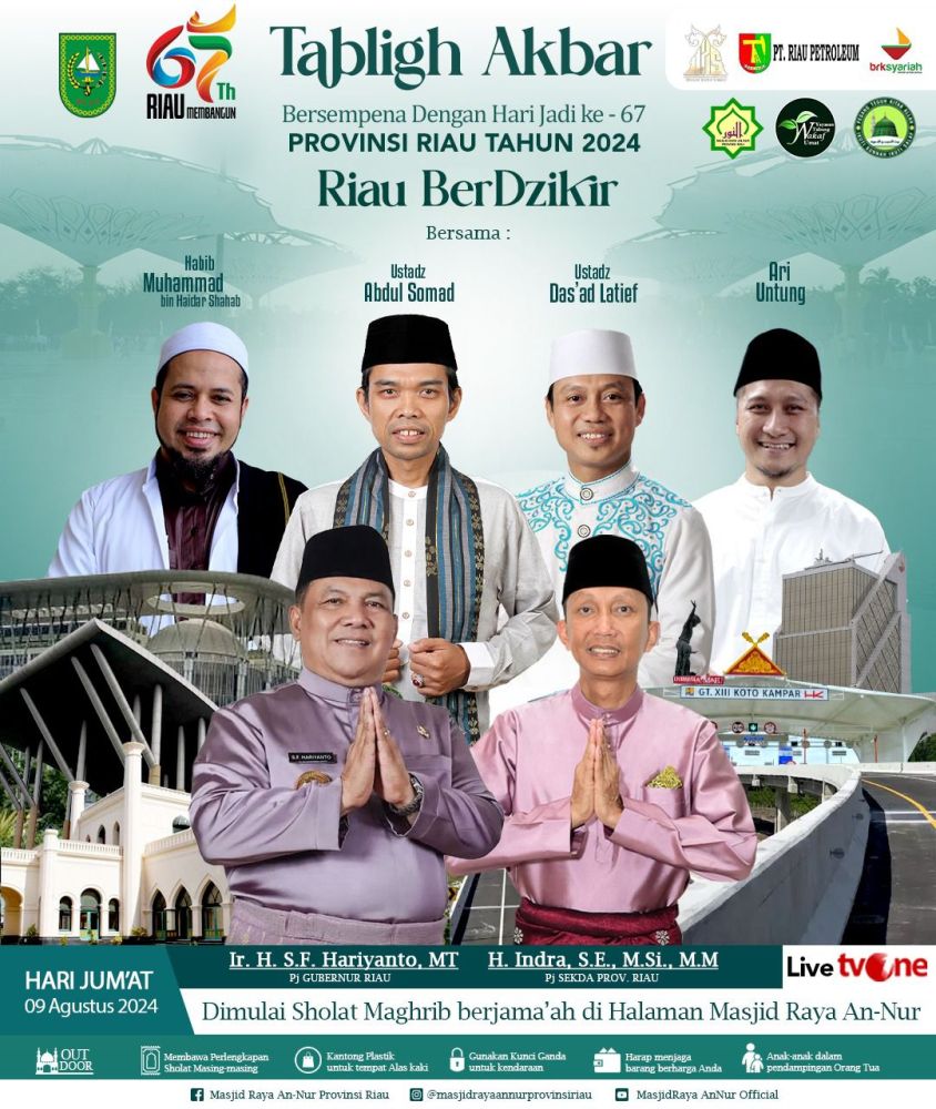 Sempena HUT ke-67 Riau, Pemprov Gelar Tabliq Akbar Bersama UAS dan Ustaz Das’ad Latif